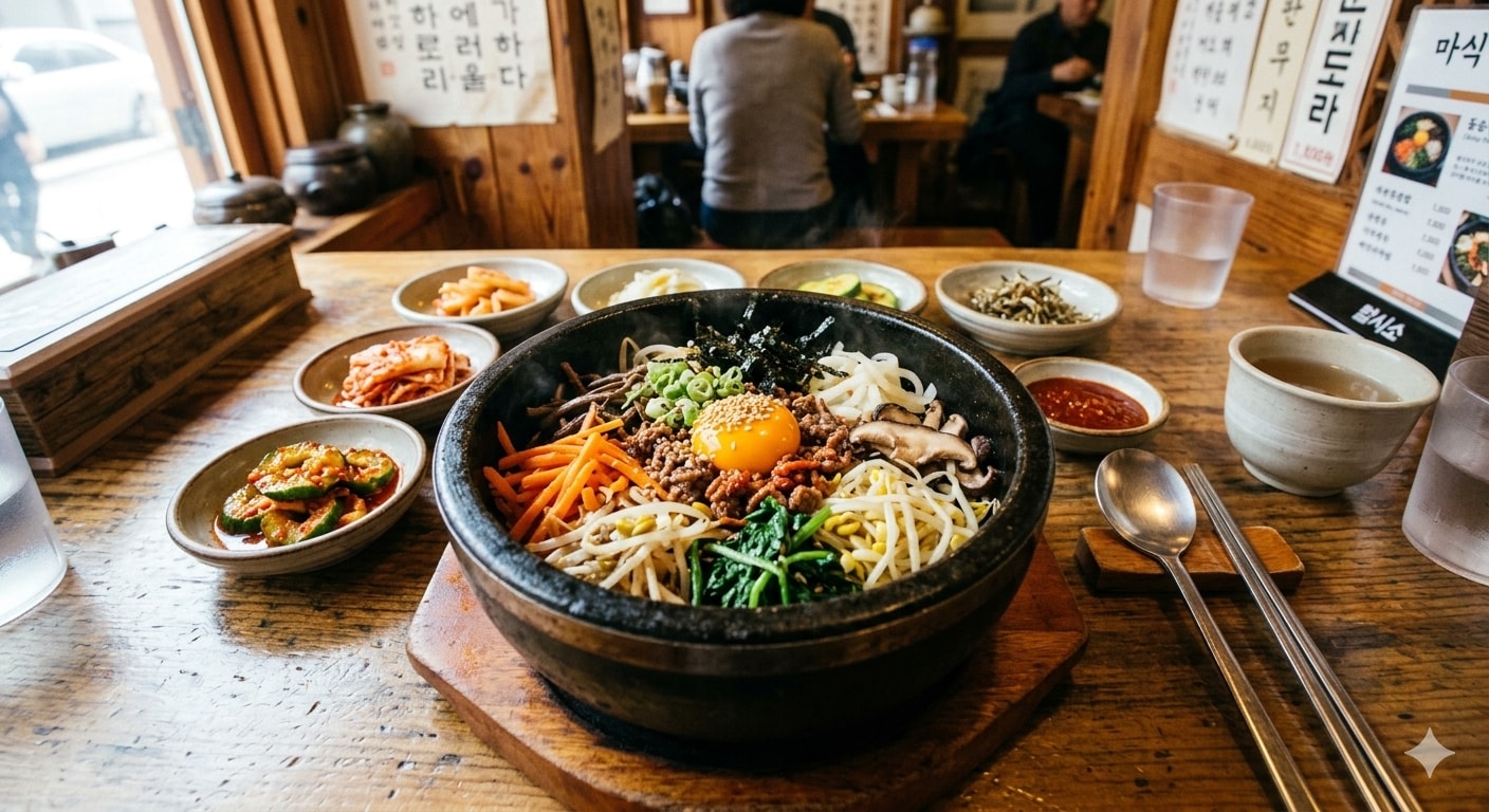 Korean-inspired shared meal served at a community table